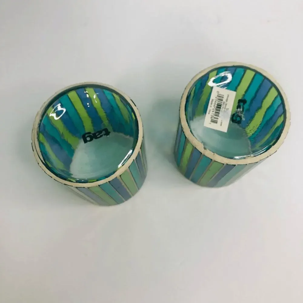 vintage y2k mosaic stripe‎ candle votives tag aqua blue green 3.75”x2 7/8”
